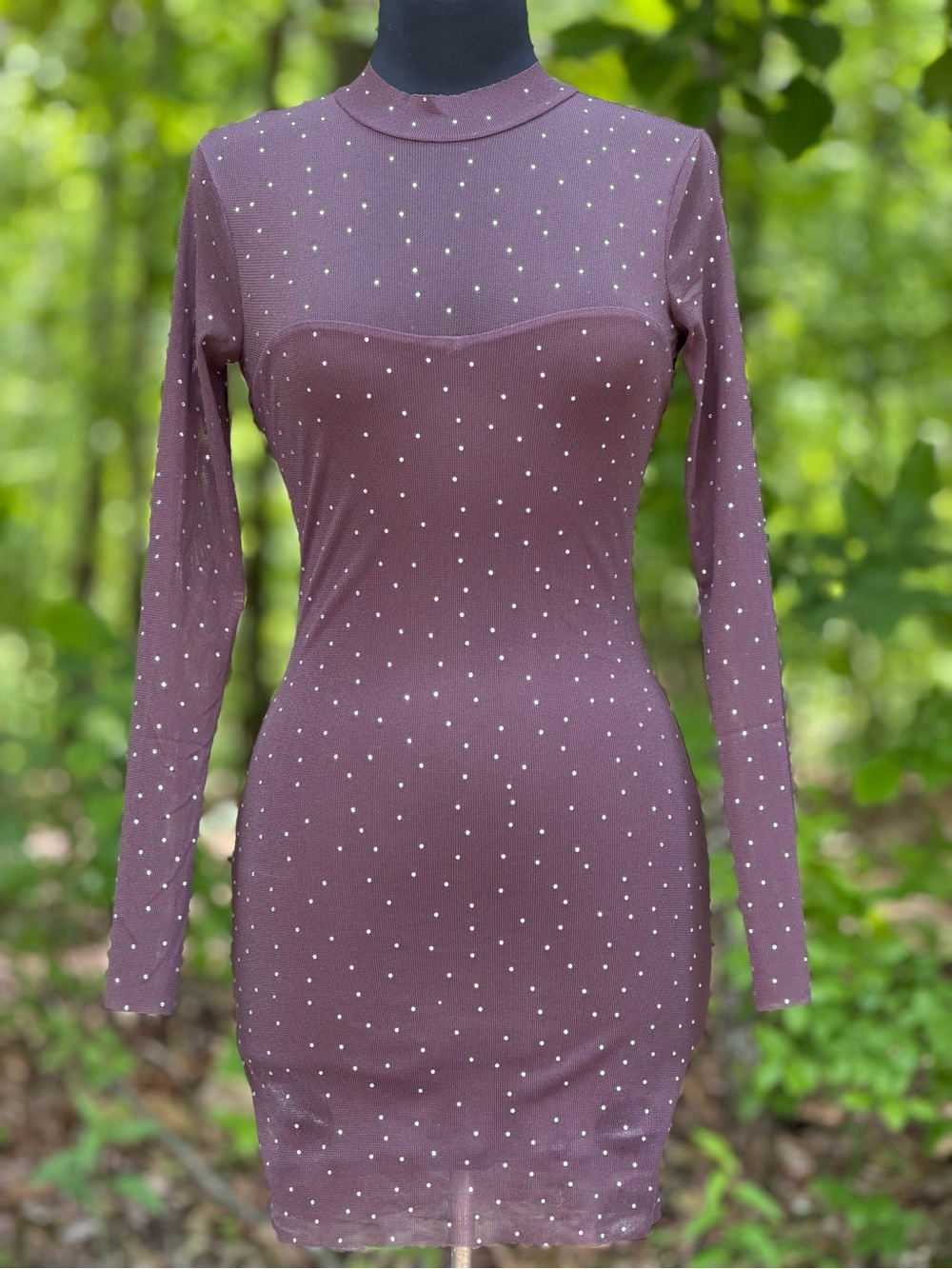 Francesca's Collections Brown Long-Sleeve Rhinestone Bodycon Dress